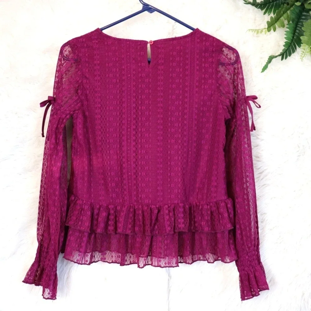 Bebe Girls Magenta Pink Lace Ruffle‎ Long Sleeve Blouse Top XL 16
